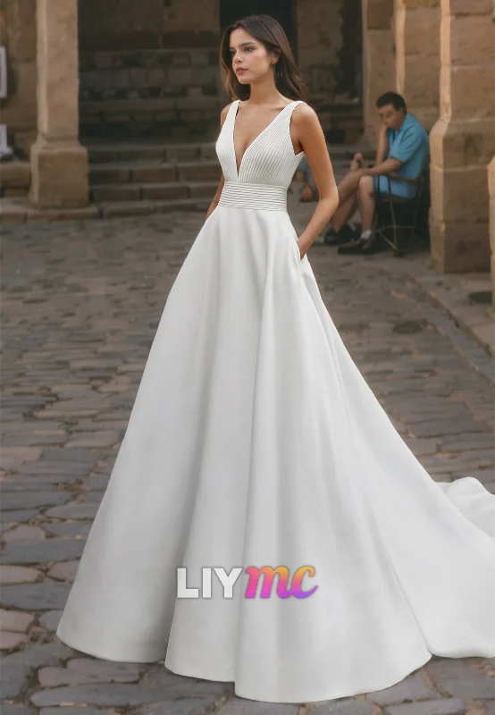Weekend Shopping Deals V-Neck Sleeveless Pleated A-Line Satin Wedding Dress