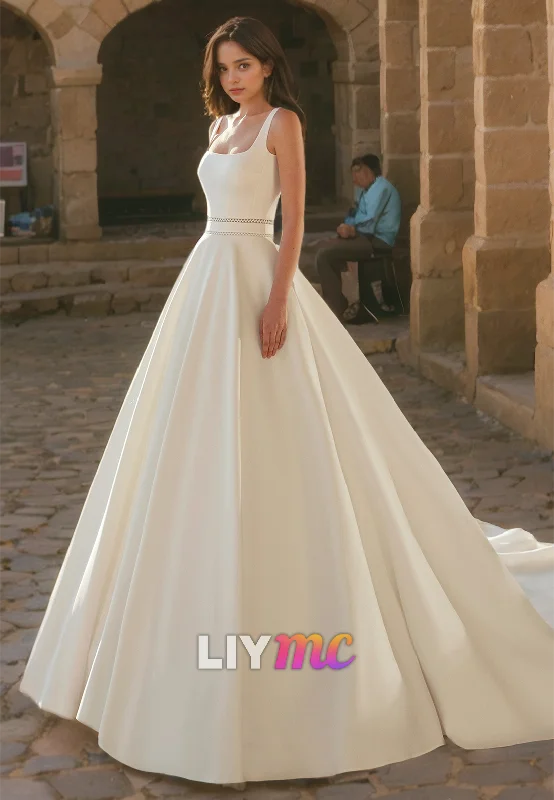 Weekend Promo Offers Square Sleeveless Pleated Satin A-Line Wedding Dress