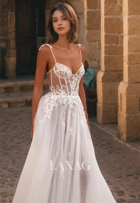 Sweetheart Sleeveless Applique Tulle  Sheer A-Line Beach Wedding Dress