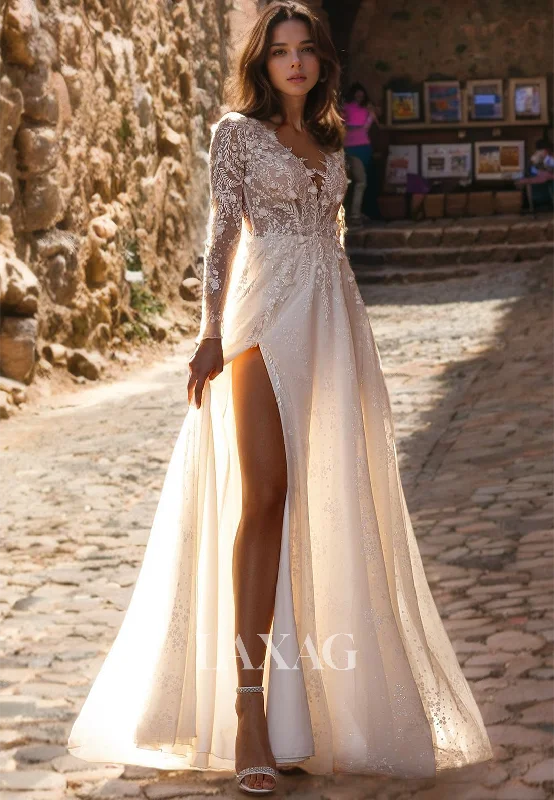 Boho Long Sleeves V-Neck Lace Organza A-Line Beach Wedding Dress