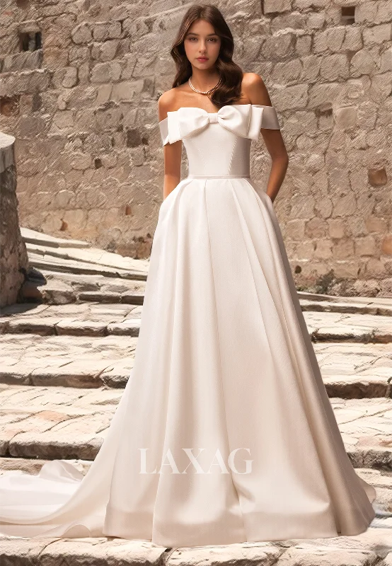 Weekend Shopping Spree Simple A-Line Sleeveless Wedding Dress Bows Off-Shoulder Satin Bridal Dress with Train Weekend Shopping Spree Simple A-Line Sleeveless Wedding Dress Bows Off-Shoulder Satin Bridal Dress with Train