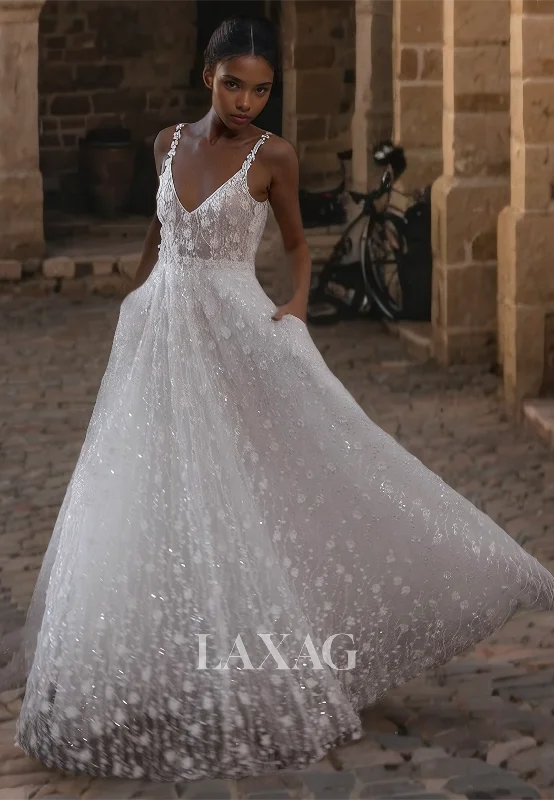Weekend Mega Deals V-Neck Spaghetti Straps Sleeveless Allover Glitter Lace A-Line Wedding Dress with Sweep Train Weekend Mega Deals V-Neck Spaghetti Straps Sleeveless Allover Glitter Lace A-Line Wedding Dress with Sweep Train
