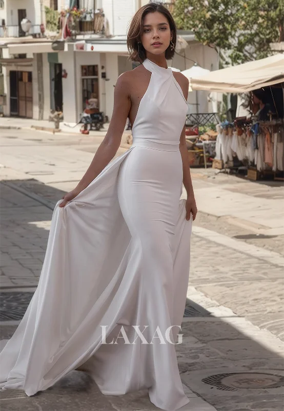 Weekend Bargain Blast Sleeveless Halter-Neck Mermaid Dress Off-Shoulder with Sweep Train Beach Wedding Dress Weekend Bargain Blast Sleeveless Halter-Neck Mermaid Dress Off-Shoulder with Sweep Train Beach Wedding Dress