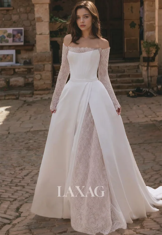 Weekend Deal Fever Off-Shoulder Lace Long Sleeves Formal Bridal Dress with Sweep Train A-Line Wedding Dress Weekend Deal Fever Off-Shoulder Lace Long Sleeves Formal Bridal Dress with Sweep Train A-Line Wedding Dress