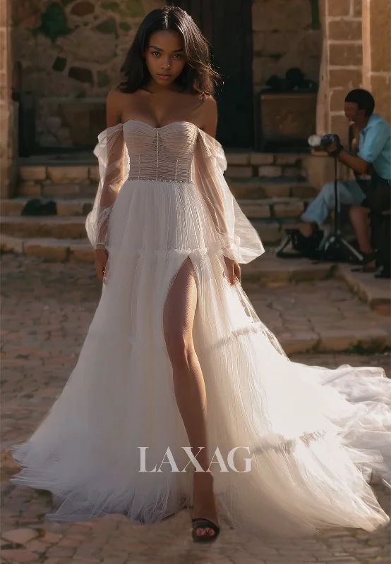 Weekend Hot Picks A-Line Sweetheart Long Sleeves Boho Wedding Dress Cutout Tulle Beaded Slit with Train Beach Gowns Weekend Hot Picks A-Line Sweetheart Long Sleeves Boho Wedding Dress Cutout Tulle Beaded Slit with Train Beach Gowns