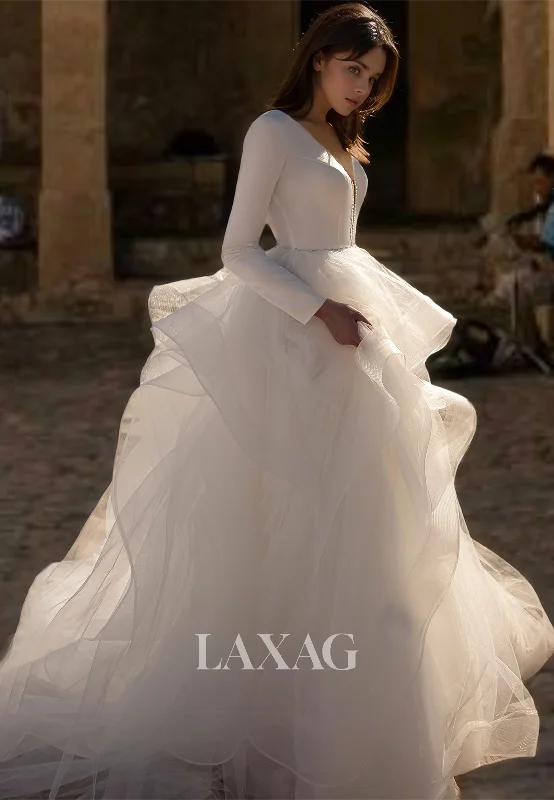 Weekend Markdowns Ornate V-Neck Long Sleeves Wedding Dress A-Line Beaded with Tulle Train Bridal Gowns Weekend Markdowns Ornate V-Neck Long Sleeves Wedding Dress A-Line Beaded with Tulle Train Bridal Gowns