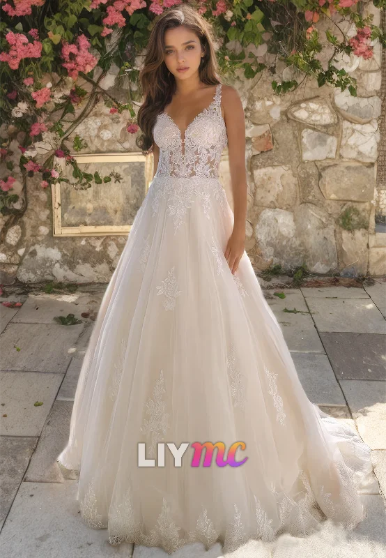 Exclusive Online Offers V-Neck Straps Appliques Tulle A-Line Classic Wedding Dress