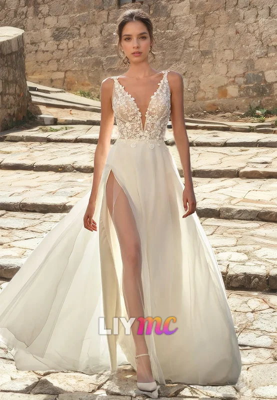 Big Bargain Bonanza V-Neck Straps Appliques Tulle Side Slit A-Line Beach Wedding Dress Big Bargain Bonanza V-Neck Straps Appliques Tulle Side Slit A-Line Beach Wedding Dress
