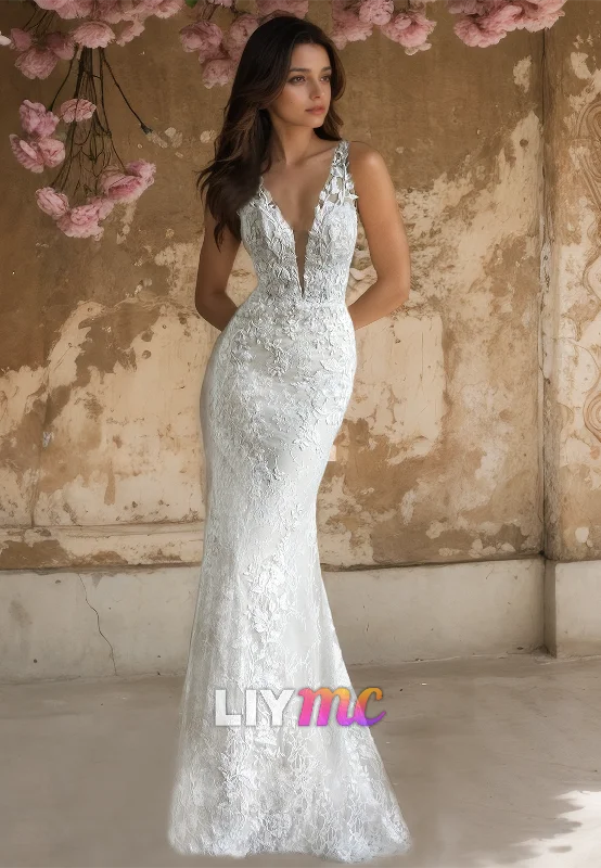 Shop & Get More V-Neck Straps Appliques Mermaid Elegant Wedding Dress
