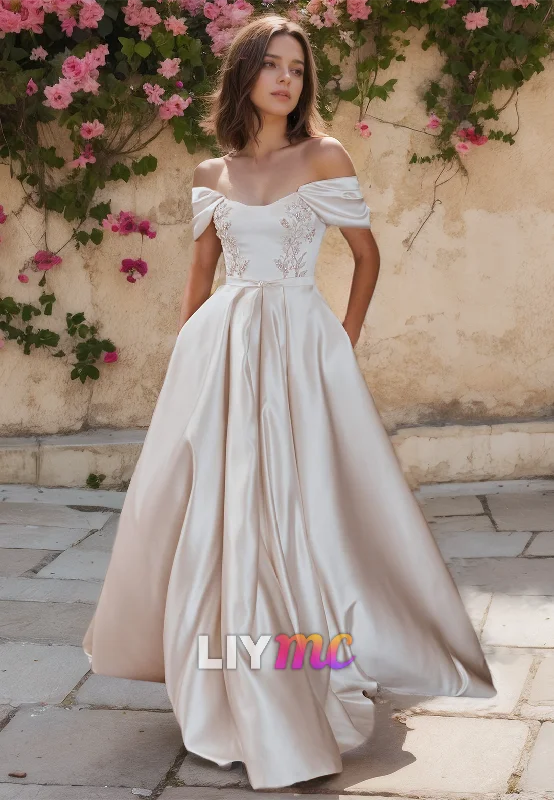 Savings Galore Off-Shoulder Strapless Pleated Satin A-Line Wedding Dress