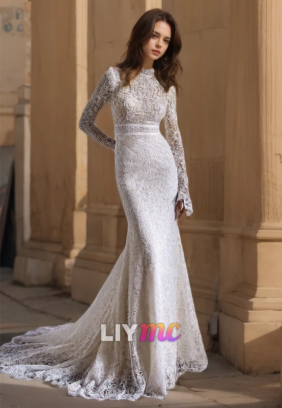 Weekend Flash Sale High Neck Long Sleeves Appliques Mermaid Wedding Dress