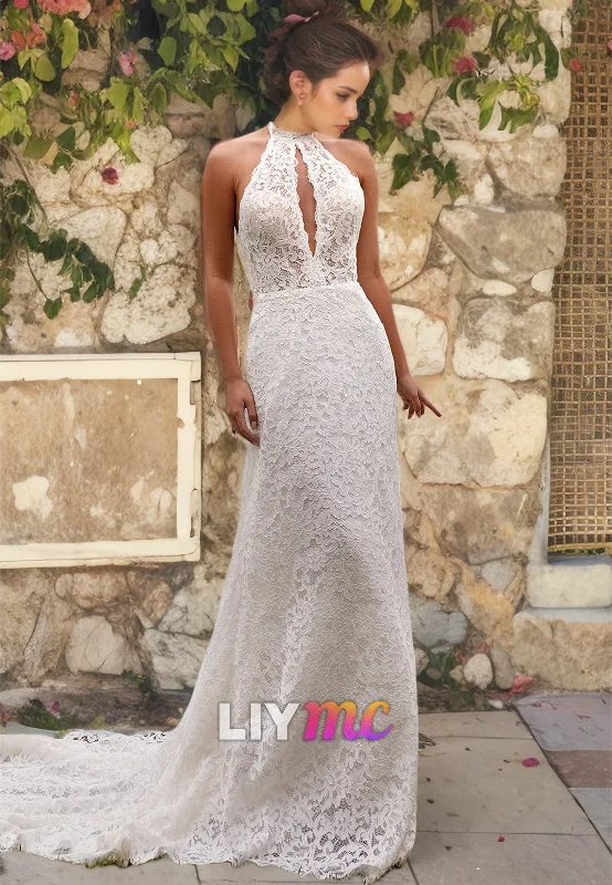 Weekend Hot Deals Halter Sleeveless Illusion Appliques Mermaid Wedding Dress