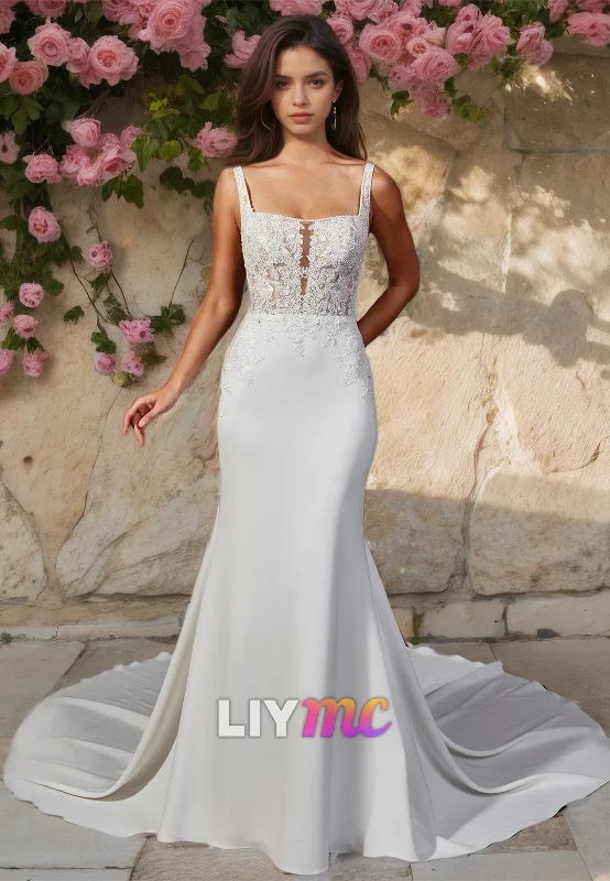 Weekend Special Bargains Square Straps Appliques Sleek Mermaid Wedding Dress