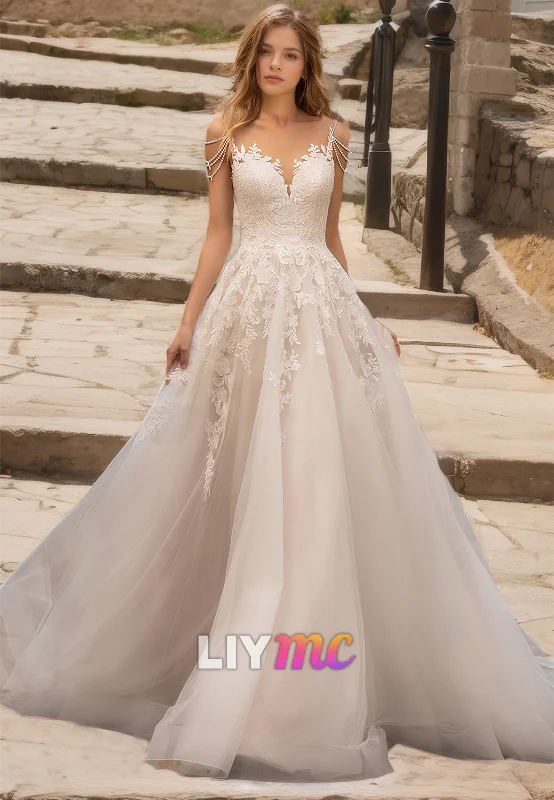 Weekend Deal Fest V-Neck Straps Appliques Tulle Ball Gown Wedding Dress