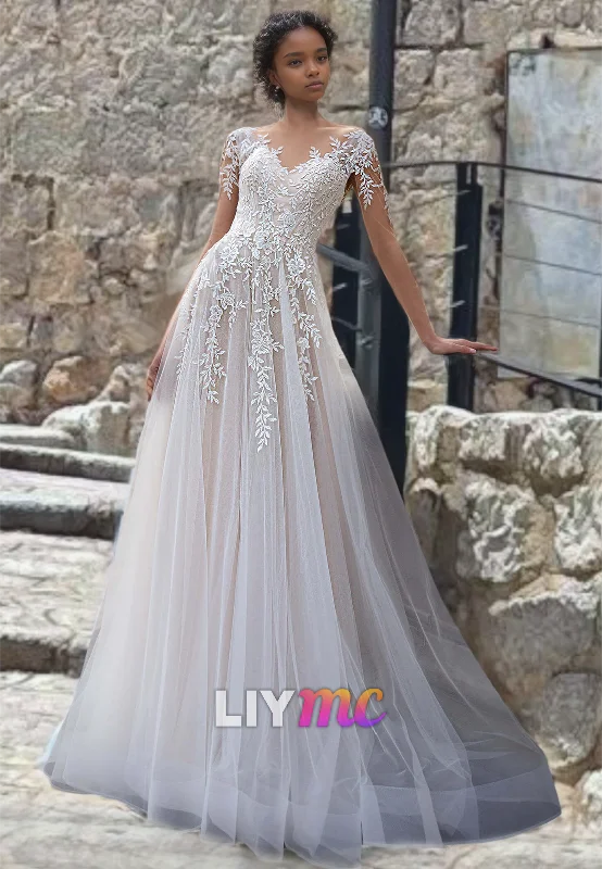 Weekend Only Deals V-Neck Long Sleeves Appliques Tulle A-Line Wedding Dress