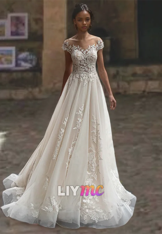 Weekend Bargain Deals Sweetheart Cap Sleeves Appliques Tulle A-Line Wedding Dress