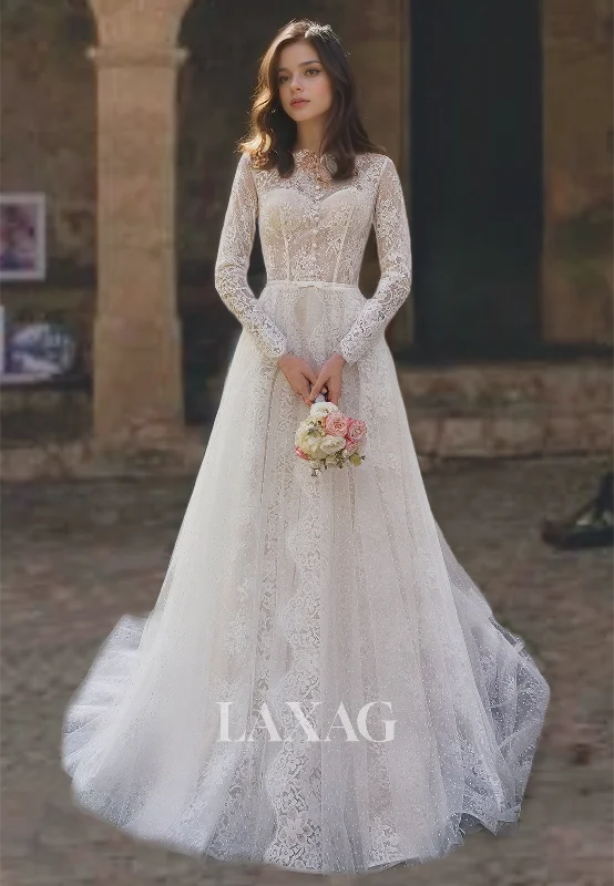 Weekend Flash Savings Ornate High-Neck Long Sleeves A-Line Weeding Dress Allover Lace Cutout with Train Bridal Gowns Weekend Flash Savings Ornate High-Neck Long Sleeves A-Line Weeding Dress Allover Lace Cutout with Train Bridal Gowns