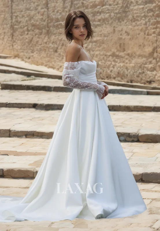 Weekend Shop Now Tube Top Lace Half-Sleeves A-Line Bridal Gowns Pleated and Sequined Satin Wedding Dress Weekend Shop Now Tube Top Lace Half-Sleeves A-Line Bridal Gowns Pleated and Sequined Satin Wedding Dress