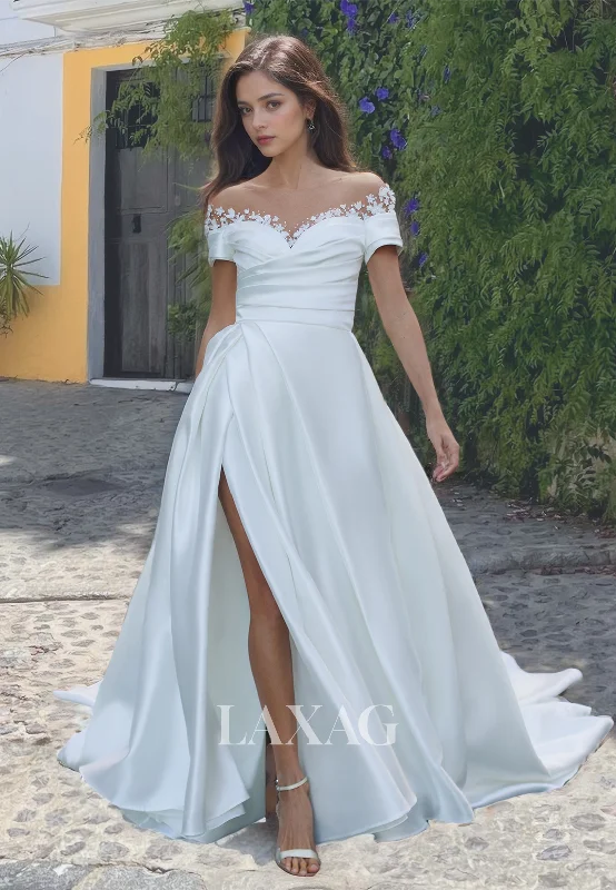 Weekend Deal Rush Sweetheart with Beaded and Applique A-Line Wedding Dress Pleated Slit with Train Bridal Gowns