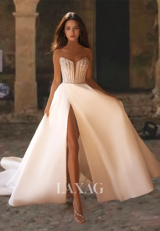 Weekend Price Slash Day Sweetheart Off-Shoulder Satin Wedding Dress with Train Sleeveless Beaded Slit Bridal Gowns Weekend Price Slash Day Sweetheart Off-Shoulder Satin Wedding Dress with Train Sleeveless Beaded Slit Bridal Gowns