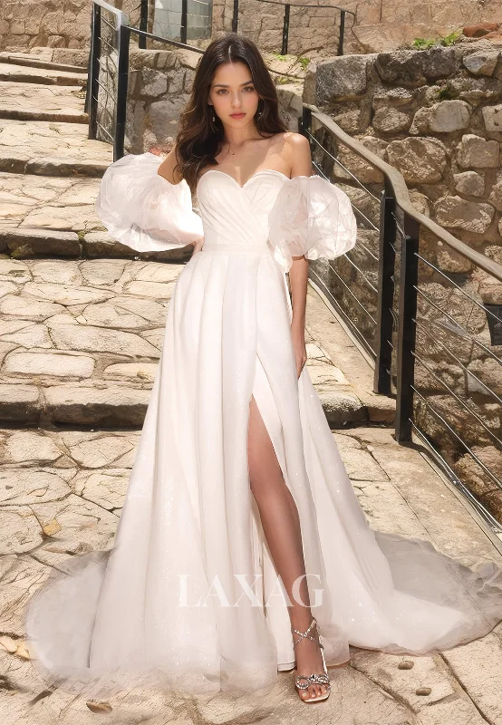Weekend Closeout Deals Sweetheart Puff-Sleeves Pleated Tulle Bride Gowns High Slit Sweep Train A-Line Wedding Dress Weekend Closeout Deals Sweetheart Puff-Sleeves Pleated Tulle Bride Gowns High Slit Sweep Train A-Line Wedding Dress