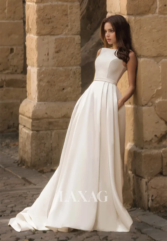 Limited-Time Discount Sleeveless Scoop-Neck Off-Shoulder Bride Gowns Pleated Satin A-Line with Train Wedding Dress Limited-Time Discount Sleeveless Scoop-Neck Off-Shoulder Bride Gowns Pleated Satin A-Line with Train Wedding Dress
