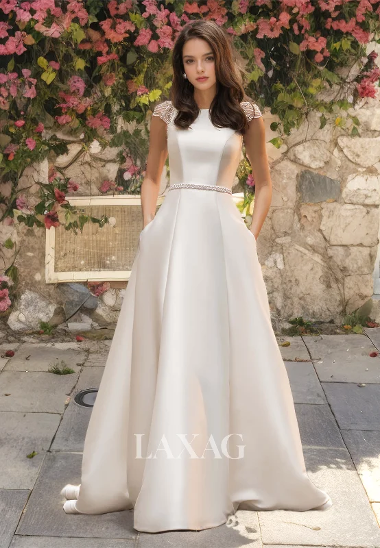 Hot Deals Simple Cap-Sleeves Scoop-Neck Beaded Satin A-Line Wedding Dress with Sweep Train Hot Deals Simple Cap-Sleeves Scoop-Neck Beaded Satin A-Line Wedding Dress with Sweep Train