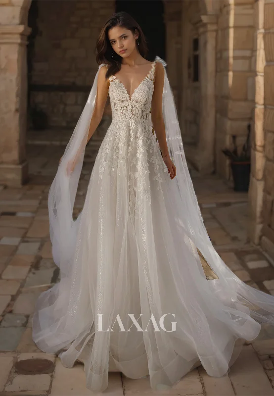 Flash Sale A-Line Deep V-neck Lace Applique Glitter-Knit Train Wedding Dress with Tulle Bows Trimmed Flash Sale A-Line Deep V-neck Lace Applique Glitter-Knit Train Wedding Dress with Tulle Bows Trimmed