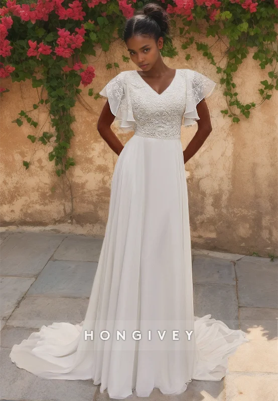 Get It Now V Neck Chiffon Floor Length Wedding Dress with Short Sleeves Button Back Long Train Bridesmaid Dresses Get It Now V Neck Chiffon Floor Length Wedding Dress with Short Sleeves Button Back Long Train Bridesmaid Dresses