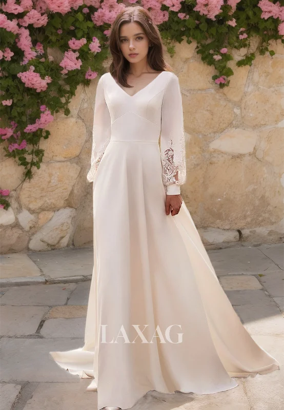 Offer of the Day V-Neck Long Sleeves Satin A-Line Wedding Dress Applique Trimmed with Train Bride Gowns Offer of the Day V-Neck Long Sleeves Satin A-Line Wedding Dress Applique Trimmed with Train Bride Gowns