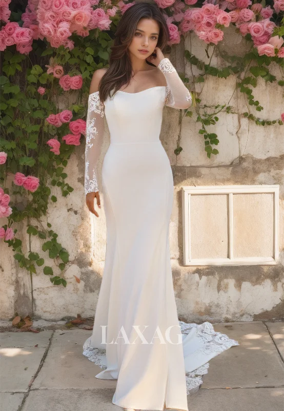 Clearance Event Sweetheart Lace Applique Long Sleeves Bride Dress Off-Shoulder Cutout Mermaid Wedding Dress with Train Clearance Event Sweetheart Lace Applique Long Sleeves Bride Dress Off-Shoulder Cutout Mermaid Wedding Dress with Train