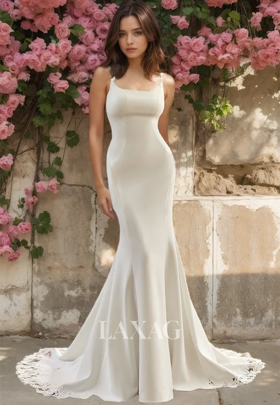 Shop & Save Simple Spaghetti Straps Square-Neck Bride Gowns Sleeveless Satin with Lace Train Mermaid Wedding Dress Shop & Save Simple Spaghetti Straps Square-Neck Bride Gowns Sleeveless Satin with Lace Train Mermaid Wedding Dress