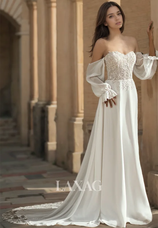 Exclusive Offer Sweetheart Half-Sleeves A-Line Wedding Dress Applique and Beaded Chiffon Bride Gowns Exclusive Offer Sweetheart Half-Sleeves A-Line Wedding Dress Applique and Beaded Chiffon Bride Gowns