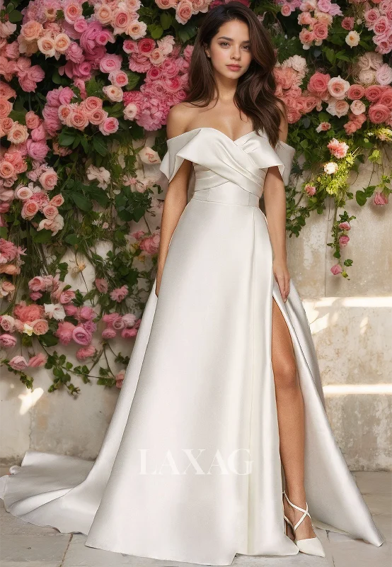 Super Low Prices Pleated Sweetheart Sleeveless A-Line Wedding Dress Off-Shoulder Slit with Sweep Train Bride Dress Super Low Prices Pleated Sweetheart Sleeveless A-Line Wedding Dress Off-Shoulder Slit with Sweep Train Bride Dress