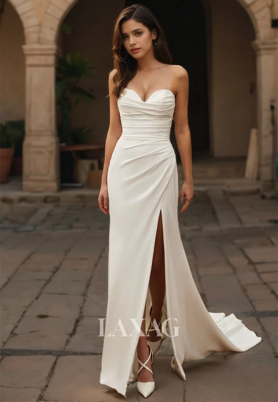 Massive Price Cuts Sleeveless Sweetheart Fitted Beach Bride Dress Pleated Satin Slit with Train Boho Wedding Dress Massive Price Cuts Sleeveless Sweetheart Fitted Beach Bride Dress Pleated Satin Slit with Train Boho Wedding Dress