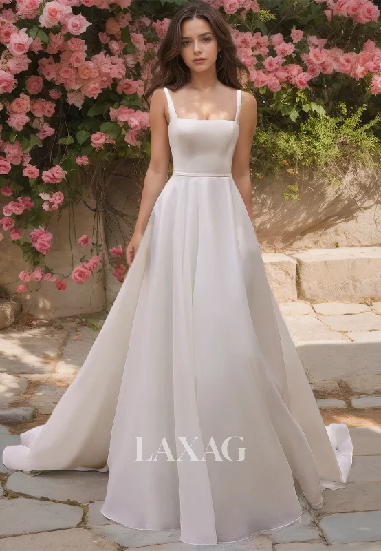 Limited Quantity Simple Off-Shoulder Spaghetti Straps Square-Neck Sleeveless A-Line Chiffon Wedding Dress with Train Limited Quantity Simple Off-Shoulder Spaghetti Straps Square-Neck Sleeveless A-Line Chiffon Wedding Dress with Train