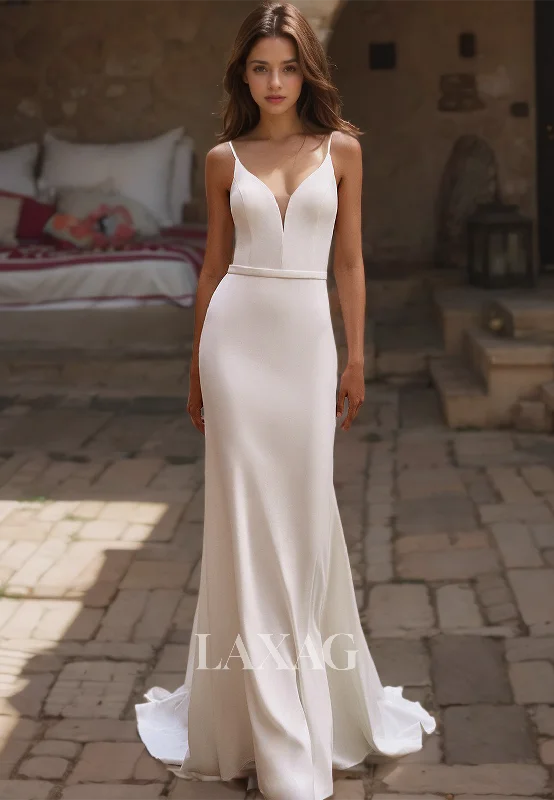 Crazy Price Cuts Simple V-Neck Spaghetti Straps Mermaid Wedding Dress Sleevelss Satin with Train Bride Gowns Crazy Price Cuts Simple V-Neck Spaghetti Straps Mermaid Wedding Dress Sleevelss Satin with Train Bride Gowns