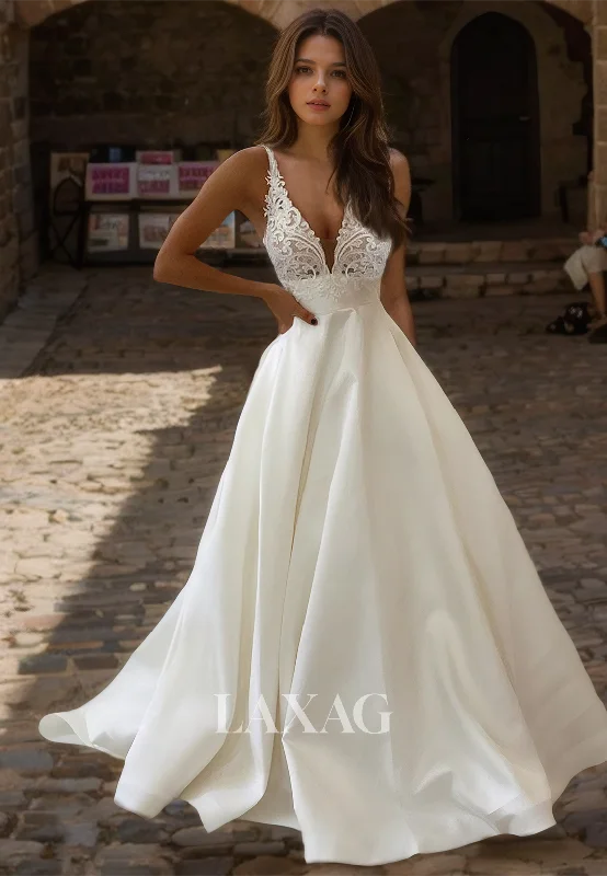 The Big Clearance Deep V-Neck Sleeveless A-Line Wedding Dress Spaghetti Straps Applique Cutout Bride Gowns The Big Clearance Deep V-Neck Sleeveless A-Line Wedding Dress Spaghetti Straps Applique Cutout Bride Gowns