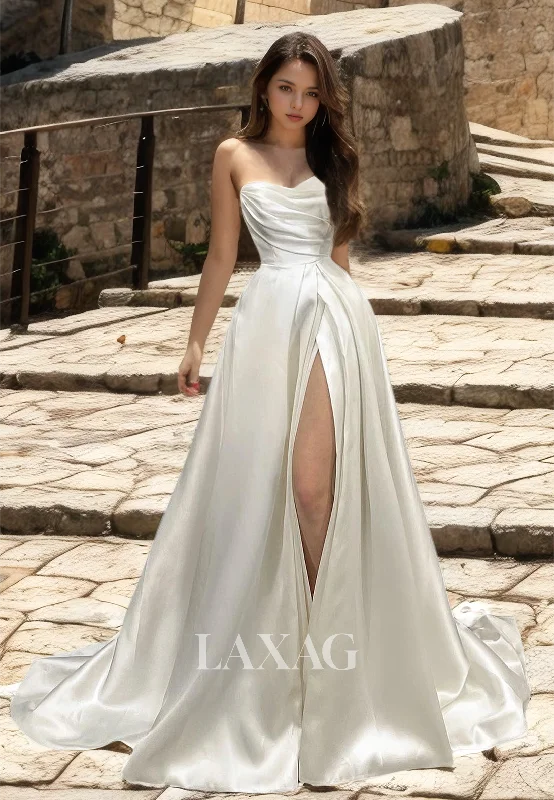 Flash Discounts Sleeveless Sweetheart Pleated Wedding Dress A-Line Off-Shoulder High Slit with Train Bride Gowns Flash Discounts Sleeveless Sweetheart Pleated Wedding Dress A-Line Off-Shoulder High Slit with Train Bride Gowns