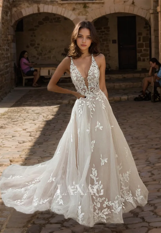 Exclusive Weekly Sale Deep V-Neck Spaghetti Straps Sleeveless Applique A-Line Boho Beach Wedding Dress with Sweep Train Exclusive Weekly Sale Deep V-Neck Spaghetti Straps Sleeveless Applique A-Line Boho Beach Wedding Dress with Sweep Train