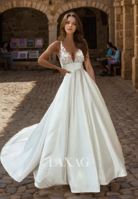 Final Sale Event Applique Spaghetti Straps A-Line Bride Gowns Deep V-Neck Sleeveless Satin Cutout Wedding Dress Final Sale Event Applique Spaghetti Straps A-Line Bride Gowns Deep V-Neck Sleeveless Satin Cutout Wedding Dress