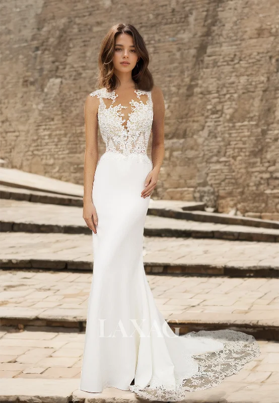 Weekend Shopping Spree Asymmetrical-Neck Sleeveless Applique Wedding Dress Cutout Satin Mermaid Bride Gowns with Lace Train Weekend Shopping Spree Asymmetrical-Neck Sleeveless Applique Wedding Dress Cutout Satin Mermaid Bride Gowns with Lace Train