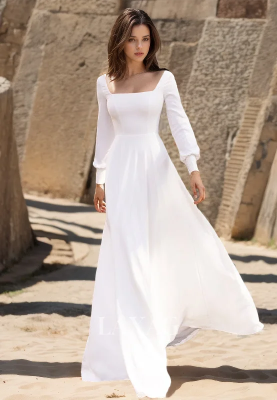 Weekend Discount Fest Square-Neck Long-Sleeves A-Line Boho Beach Wedding Dress Simple Satin Train Bride Gowns Weekend Discount Fest Square-Neck Long-Sleeves A-Line Boho Beach Wedding Dress Simple Satin Train Bride Gowns