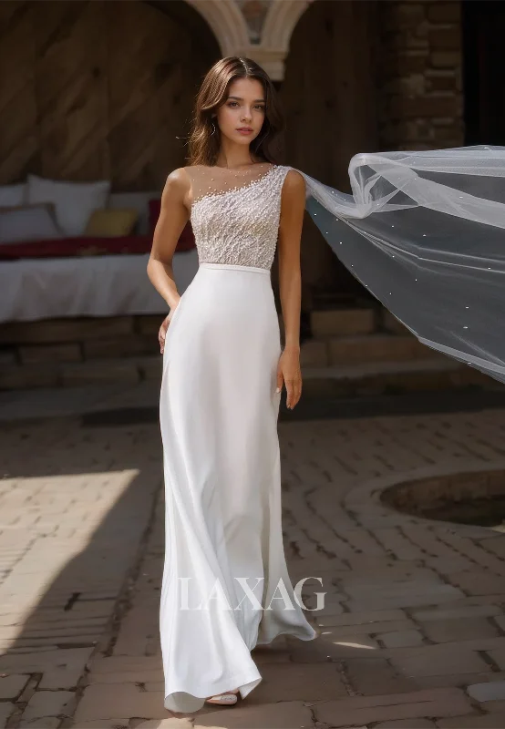 Weekend Hot Deals High Scoop-Neck Sleeveless Beach Wedding Dress Beaded Floor-Length Fitted Satin Boho Bride Gowns Weekend Hot Deals High Scoop-Neck Sleeveless Beach Wedding Dress Beaded Floor-Length Fitted Satin Boho Bride Gowns