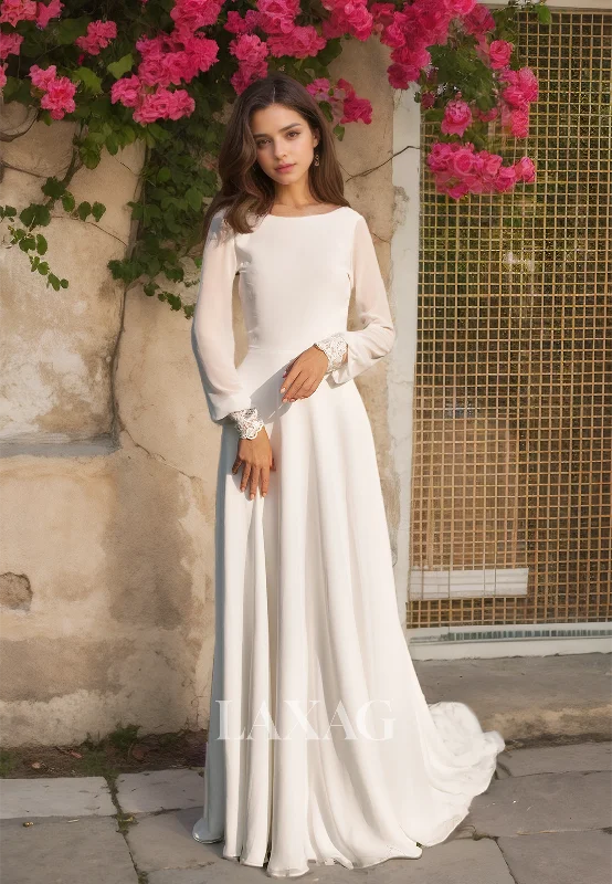 Weekend Buy More Save More Long-Sleeves Scoop-Neck Chiffon A-Line Train Boho Beach Wedding Dress with Lace Trimmed
