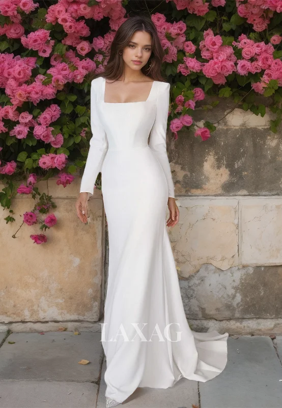 Weekend Price Breaks Simple Long-Sleeves Square-Neck Mermaid Beach Wedding Dress Satin Boho Bride Dress Weekend Price Breaks Simple Long-Sleeves Square-Neck Mermaid Beach Wedding Dress Satin Boho Bride Dress