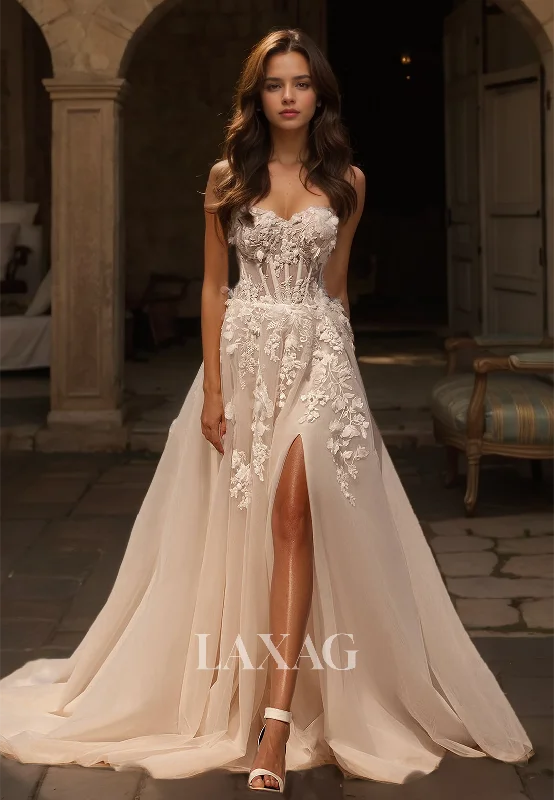 Weekend Flash Discount Sweetheart Sleeveless Tulle A-Line Wedding Dress Applique Cutout Slit with Train Bride Dress Weekend Flash Discount Sweetheart Sleeveless Tulle A-Line Wedding Dress Applique Cutout Slit with Train Bride Dress