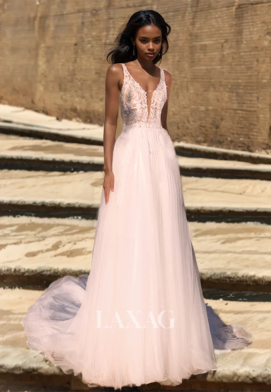 Weekend Special Bargains Deep V-Neck Sleeveless Tulle A-Line Wedding Dress Spaghetti Straps Applique Cutout Bride Dress with Train Weekend Special Bargains Deep V-Neck Sleeveless Tulle A-Line Wedding Dress Spaghetti Straps Applique Cutout Bride Dress with Train