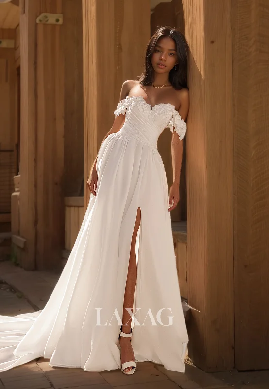 Weekend Sale Extravaganza Floral Embellished Sweetheart Sleeveless Chiffon Beaded Pleated Slit with Train Wedding Dress Weekend Sale Extravaganza Floral Embellished Sweetheart Sleeveless Chiffon Beaded Pleated Slit with Train Wedding Dress