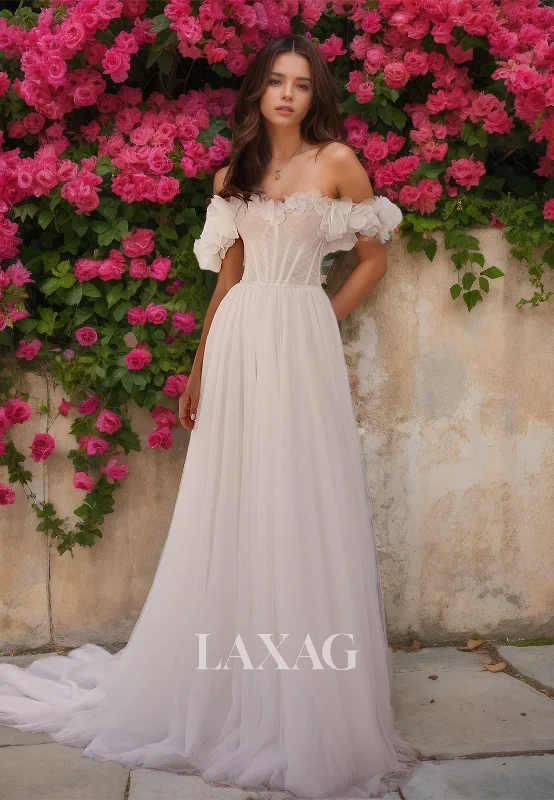Weekend Savings Bonanza Sweetheart with Floral Embellished Off-Shoulder A-Line Wedding Dress Sleeveless Tulle Train Bride Gowns Weekend Savings Bonanza Sweetheart with Floral Embellished Off-Shoulder A-Line Wedding Dress Sleeveless Tulle Train Bride Gowns